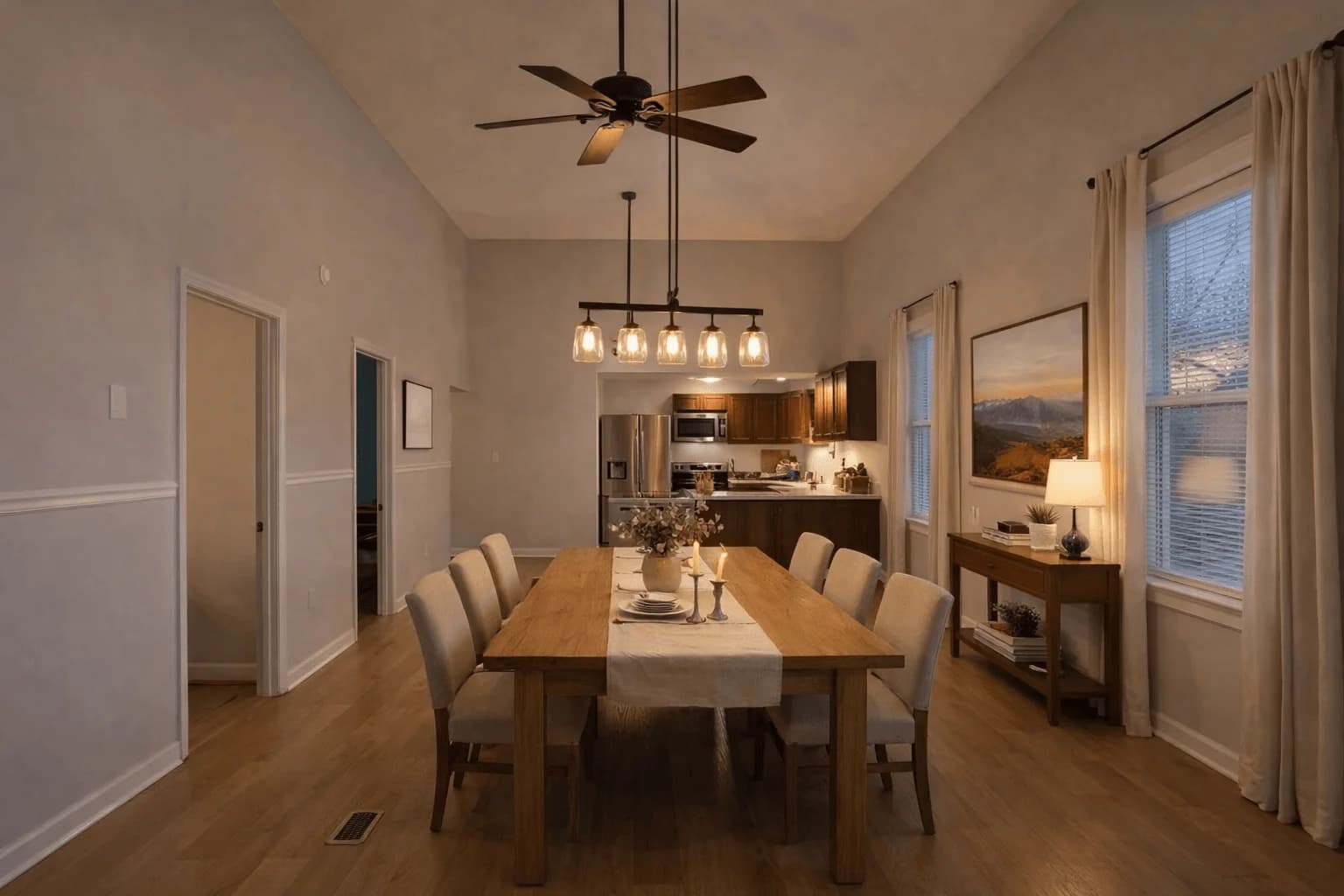 The dining room at 6043 Broad with a long table set for a shared meal