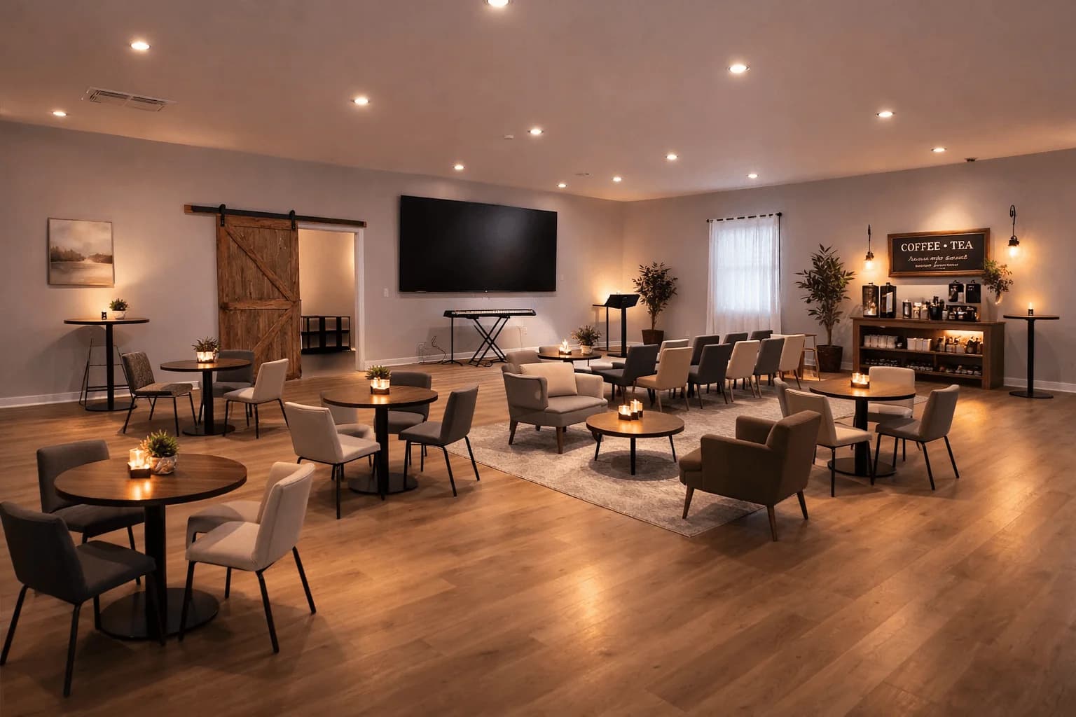 The gathering space at 6043 Broad with warm lighting